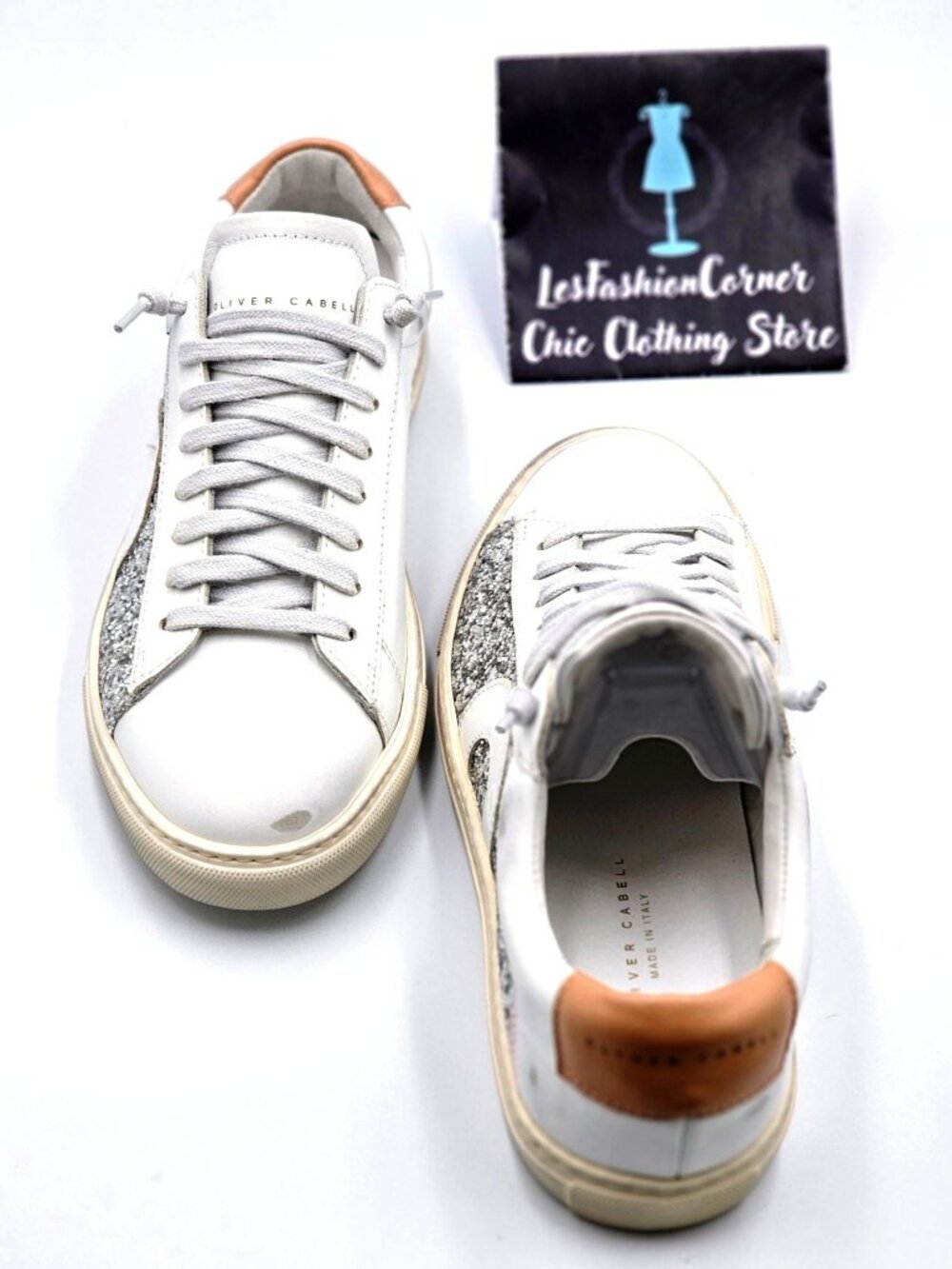 NWOB Oliver Cabell Women Low 1 LEEDS White Leather Sneakers Glitter  Sz 5.5 2254 - Picture 15 of 16